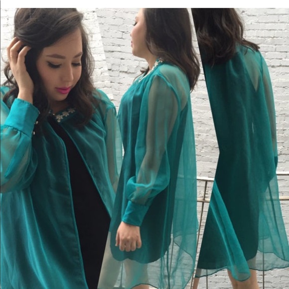 Vintage Teal Sheer Beaded Blouse - Picture 3 of 5